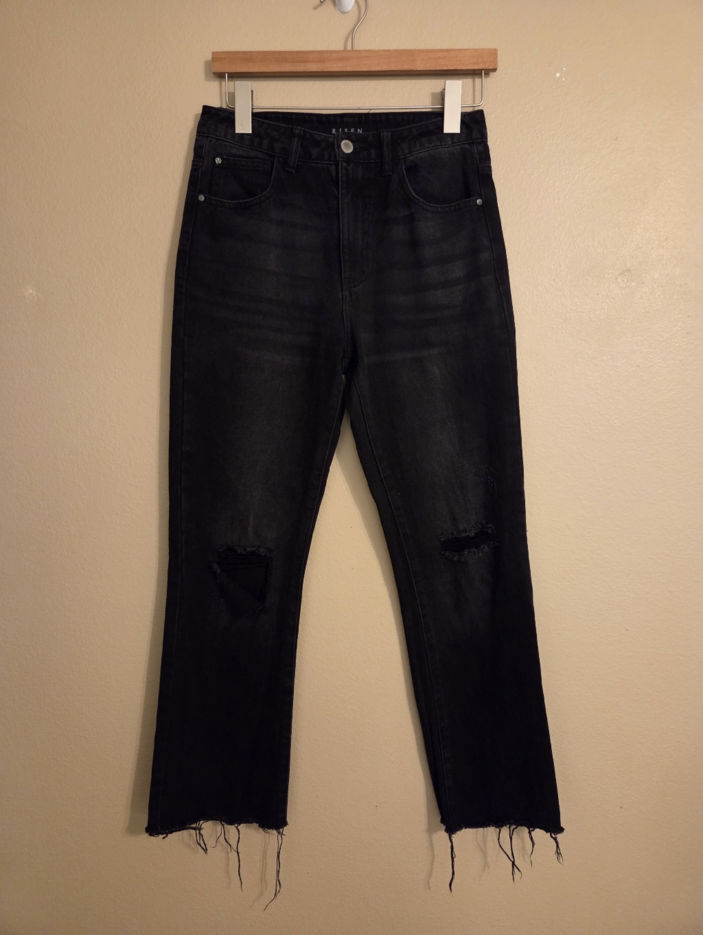 RISEN Los Angeles Black High Waist Distressed Raw Hem Fringe Ankle Jeans Size 25